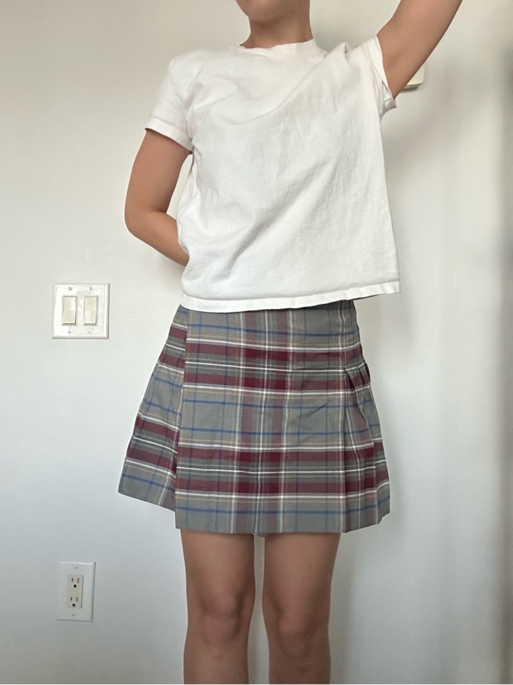 Vintage Plaid School Girl Mini Skirt in Gray and Burgundy